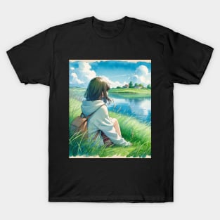 Sad Japanese Girl Stting on Lake Side - Anime Drawing T-Shirt